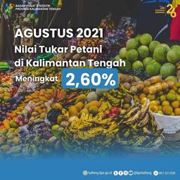 Agustus 2021: NTP Gabungan Kalimantan Tengah sebesar 120,44 atau naik 2,60% dibanding Juli 2021.